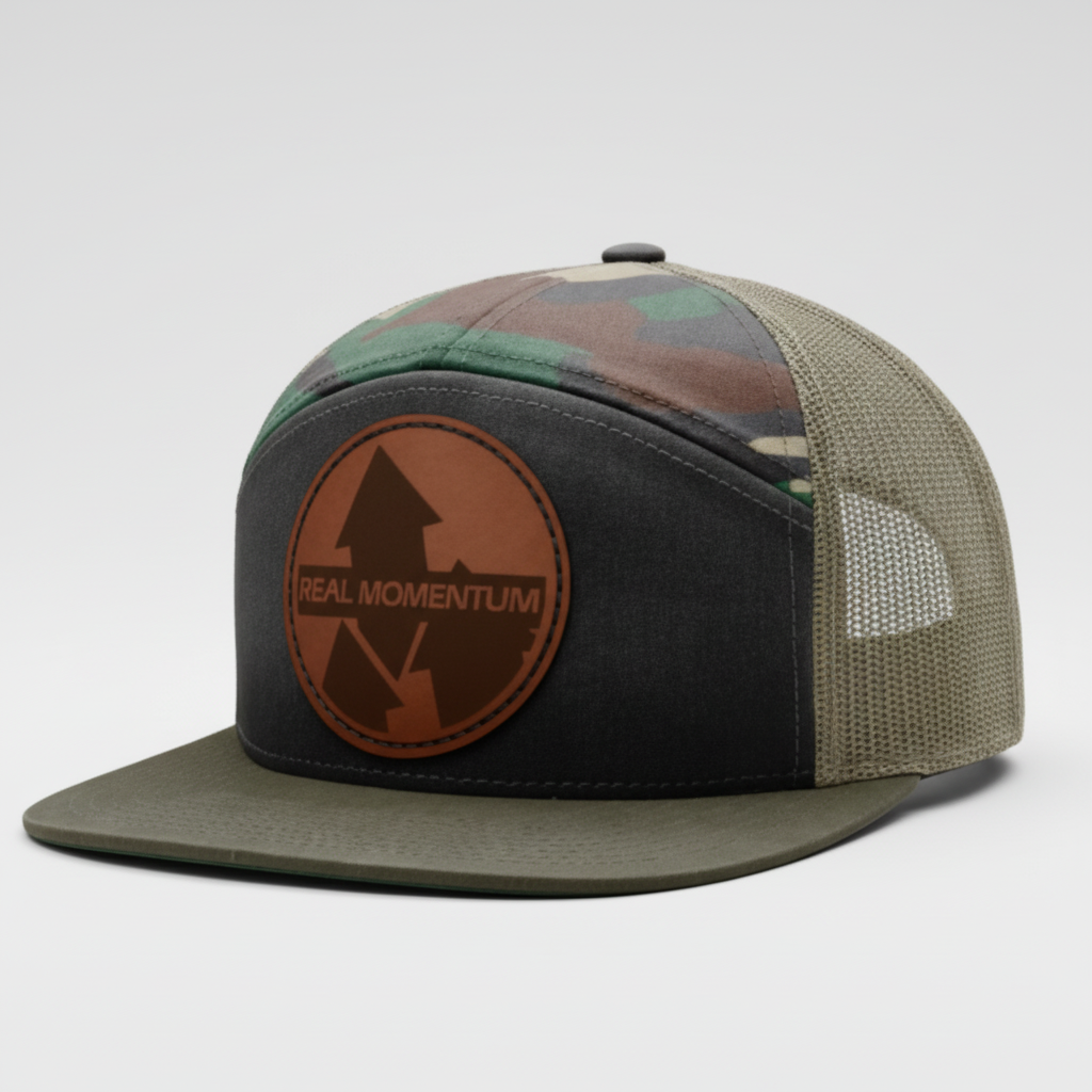 Camouflage baseball cap with a brown logo on a light gray background