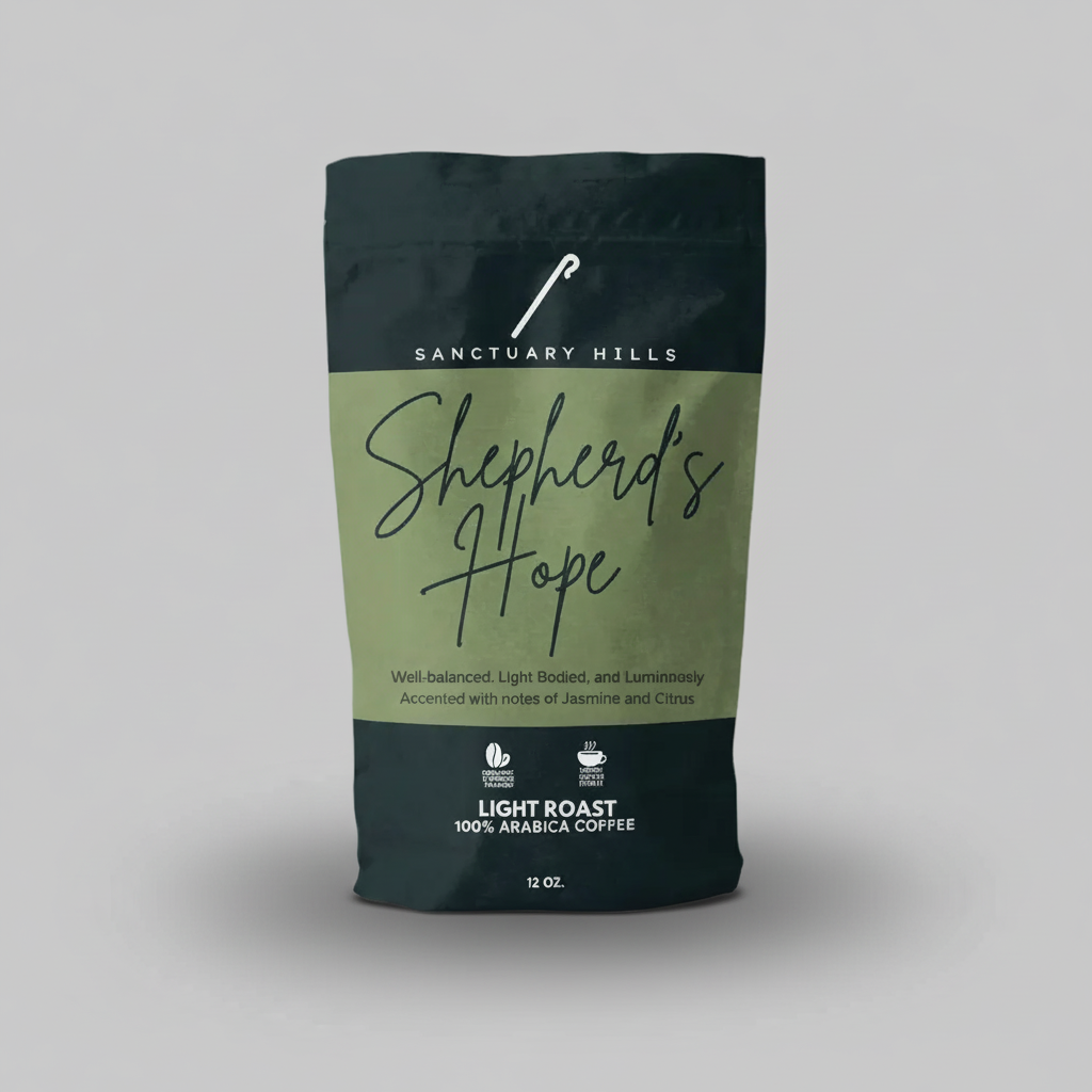 Shepherd's Hope coffee package on a dark background